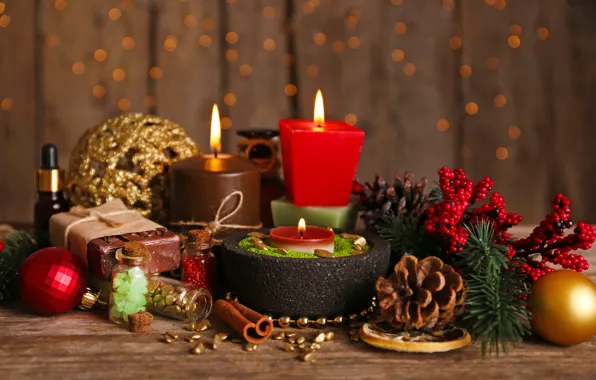 Picture decoration, branches, table, fire, holiday, balls, toys, candles