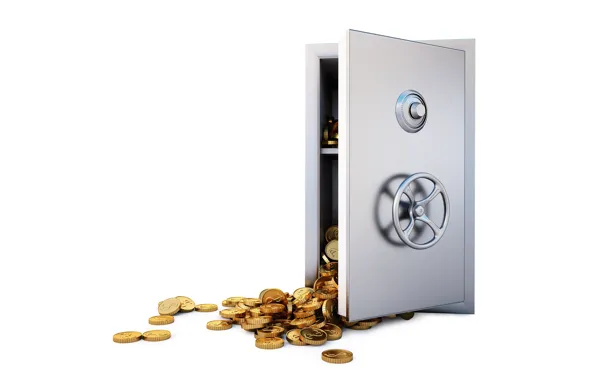 Gold, money, safety Deposit box, white background, coins