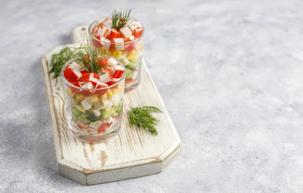 Dill, glasses, salad, crab sticks, salad with crab sticks