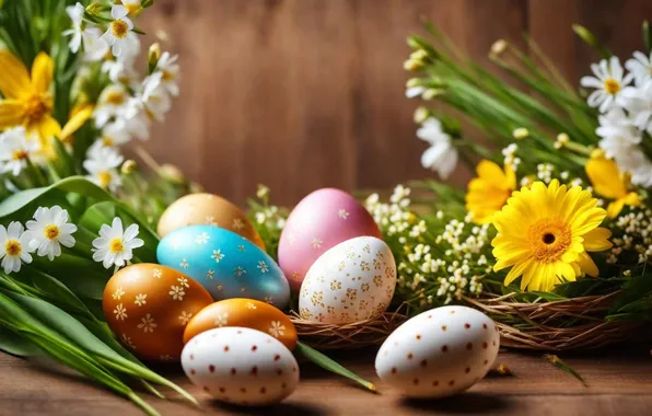 Flowers, eggs, spring, colorful, Easter, happy, flowers, spring