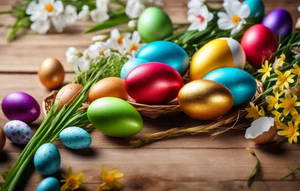 Flowers, eggs, spring, colorful, Easter, happy, flowers, spring