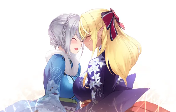 Girls, laugh, hololive, virtual youtuber, shiranui flare, by cait, shirogane noel