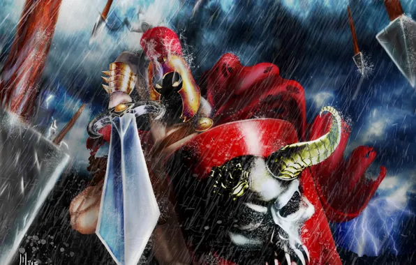 Rain, skull, sword, armor, Warrior, burning eyes