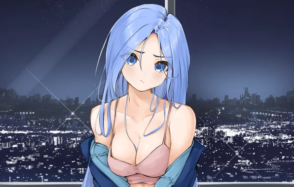Girl, cleavage, long hair, boobs, anime, blue eyes, beautiful, pretty