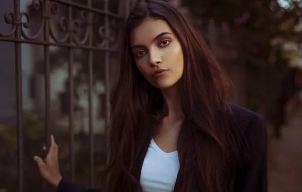 Look, pose, the fence, portrait, makeup, Mike, hairstyle, brown hair