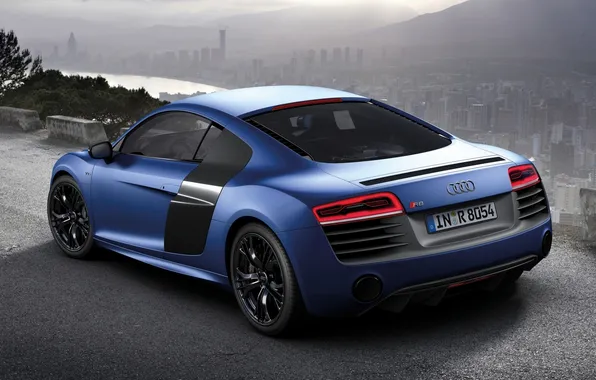Picture blue, the city, background, Audi, Audi, panorama, supercar, rear view
