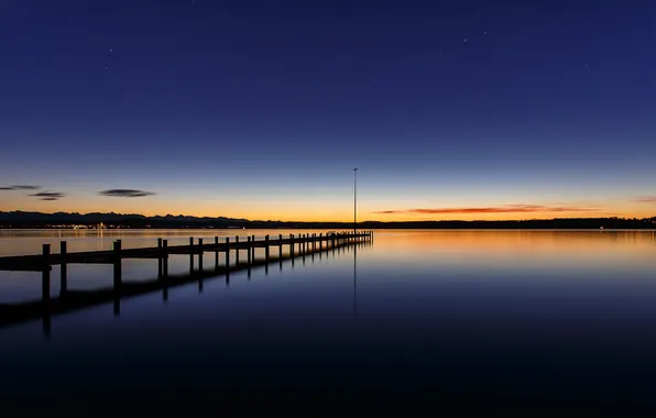 The sky, lake, the evening, pier, glow, the bridge