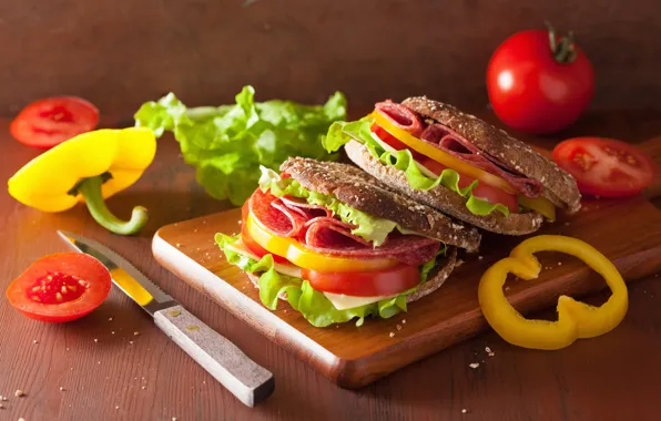 Pepper, sandwich, tomato, sausage, roll, salad, Burger