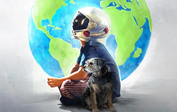 Dog, boy, art, helmet, the globe, poster, Miracle, drama