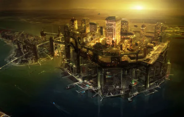 Sunset, night, the city, future, art, Deus Ex 3