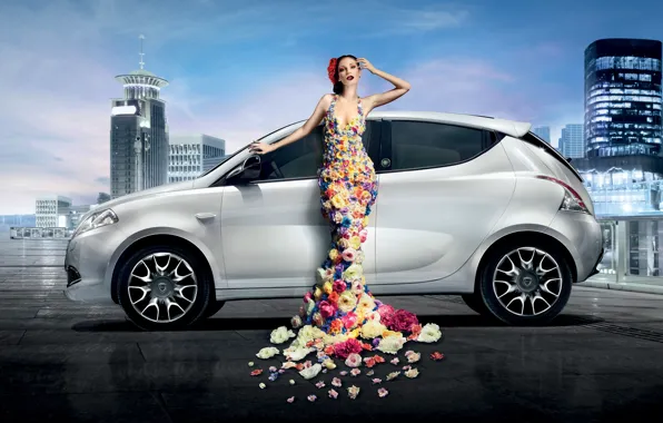 Picture auto, look, girl, flowers, dress, Lancia