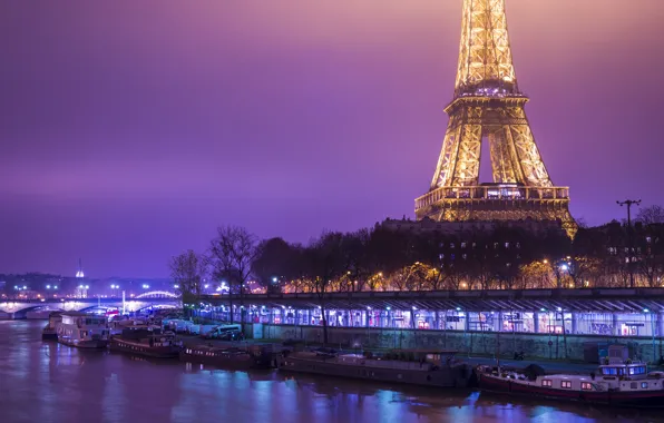 Night, France, boat, lights, channel, Eiffel tower, Coast, France