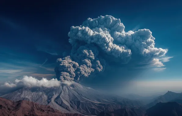 The sky, landscape, mountains, fog, smoke, the volcano, AI art, neural network