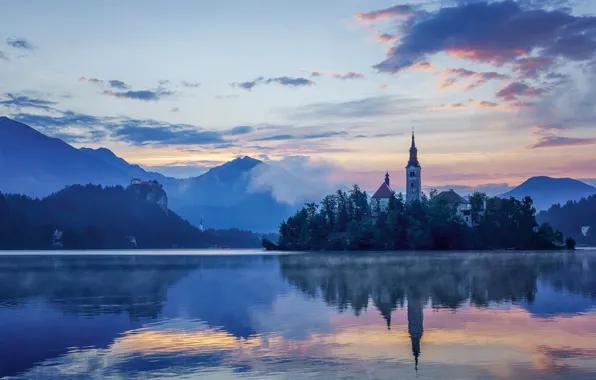 Mountains, lake, reflection, island, Church, Slovenia, Lake Bled, Slovenia