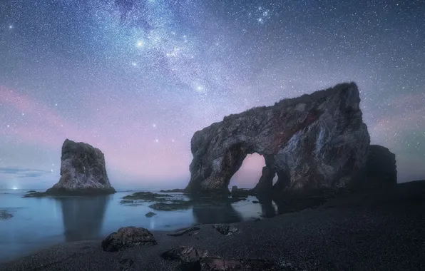 Sand, sea, stars, night, stones, rocks, shore, view