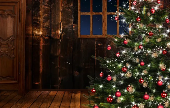 Room, tree, new year, window, Christmas