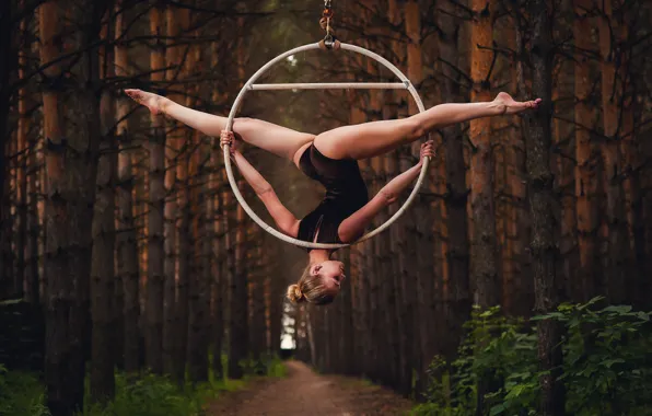 Forest, woman, art, dance, blonde, hoop, acrobatics