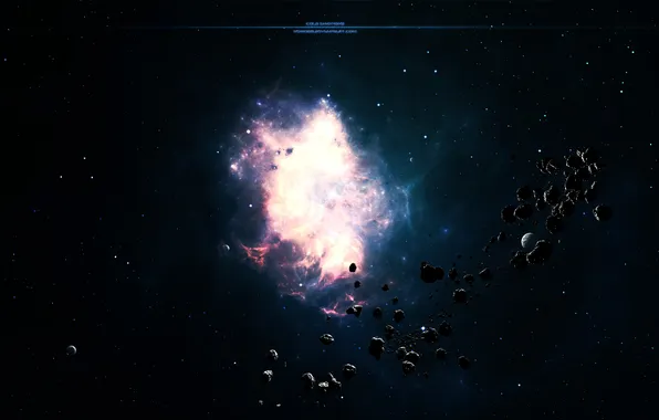 The wreckage, stars, planet, glow, asteroids