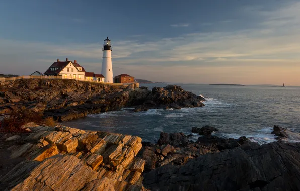 Rocks, lighthouse, home, morning, USA, United States, state, Maine