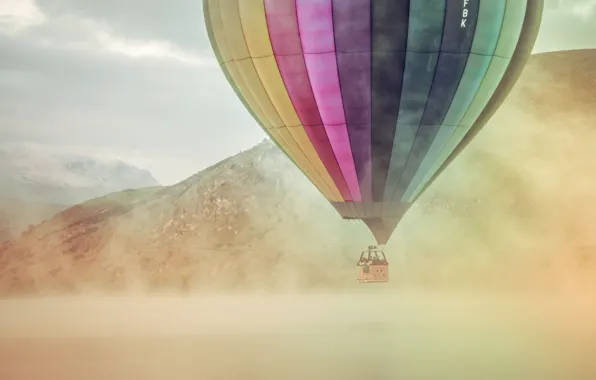 Picture mountains, lake, fog, balloon, extreme sport