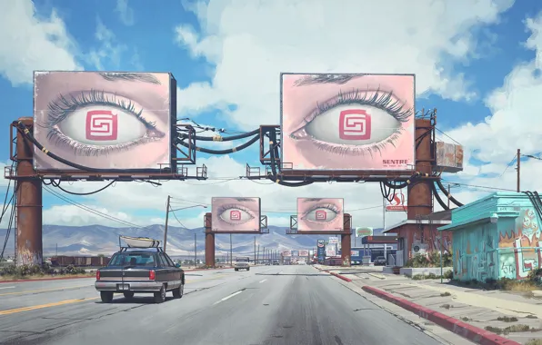 Road, eyes, mountains, cars, buildings, billboards