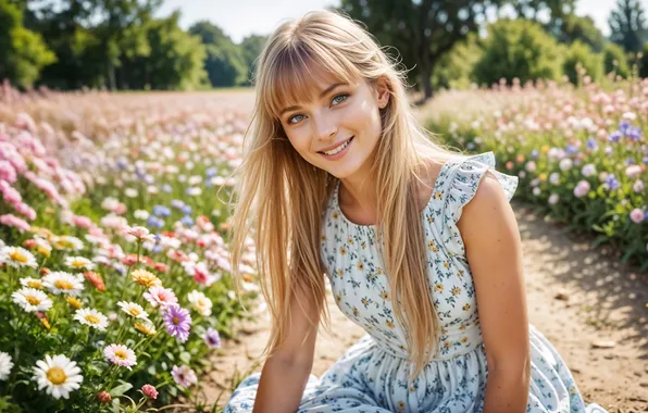 Girl, happiness, flowers, nature, smile, portrait, dress, beautiful