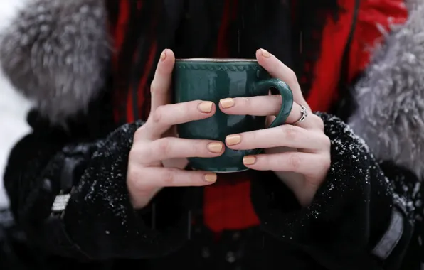 Cold, winter, girl, snow, comfort, heat, tea, coffee