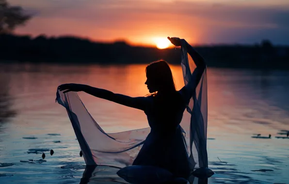 Girl, sunset, silhouette, in the water, Sergey Kuzichev