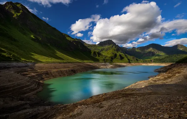 Clouds, light, mountains, lake, blue, stones, shore, the slopes