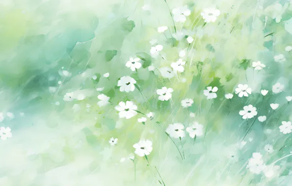 Greens, leaves, flowers, glade, blur, texture, spring, watercolor
