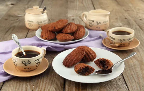 Picture coffee, chocolate, cookies, Cup, sweets, cakes, spoon, Madeleine