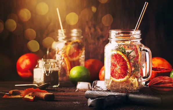 Glass, light, glare, table, ice, oranges, Christmas, knife