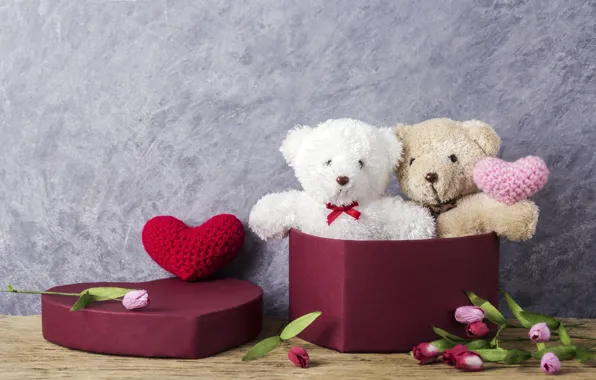 Picture love, flowers, gift, toy, heart, bear, tulips, love