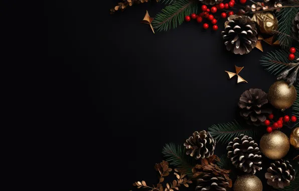 Balls, branches, berries, the dark background, fruit, Christmas, New year, black background