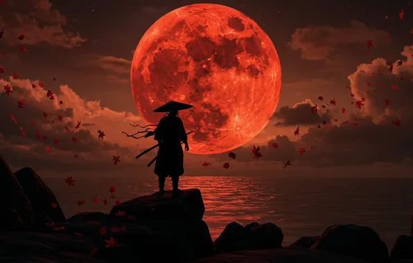 Water, Wallpaper, the moon, figure, art, samurai, wallpaper, moon