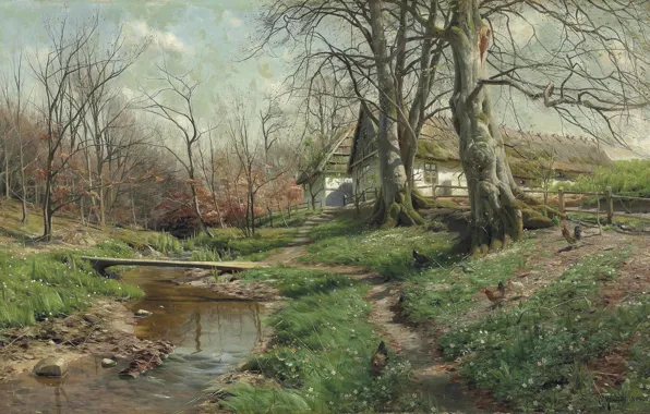 Picture Danish painter, 1904, Peter Merk Of Menstad, Peder Mørk Mønsted, Farmstead by a river, HOMESTEAD …