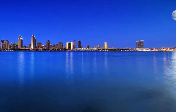Picture landscape, night, the city, the moon, Bay, usa, blue sky, san diego