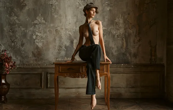 Chest, sexy, pose, wall, model, body, makeup, hairstyle