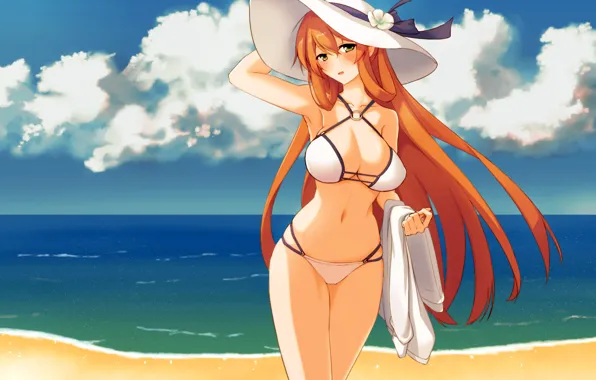 Picture girl, sexy, cleavage, beach, long hair, sea, boobs, anime