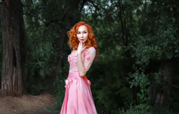 Nature, hair, Girl, dress, red, hairstyle, Alex Kashechkin, Anna Battle