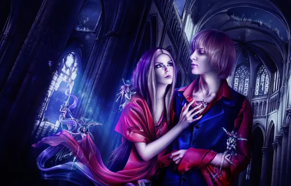 Girl, night, castle, fairy, art, guy