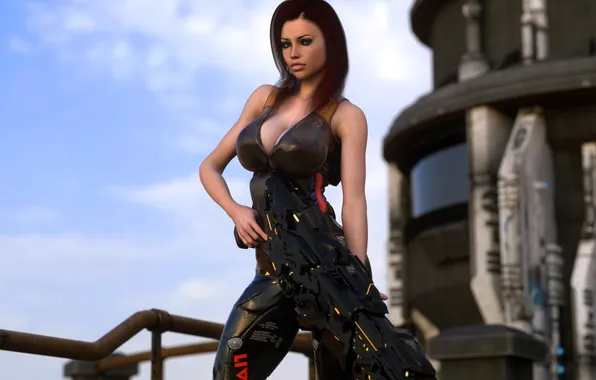 Chest, look, girl, weapons, fiction, costume, gun