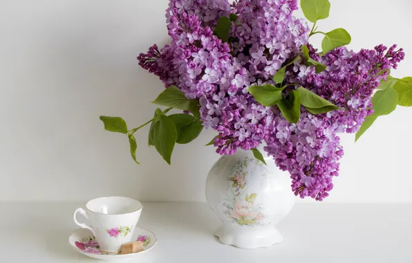 Picture flowers, bouquet, Cup, sugar, lilac