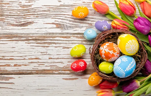Colorful, Easter, tulips, wood, flowers, tulips, spring, Easter