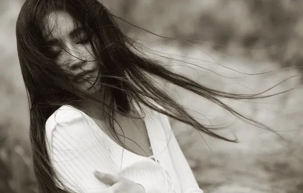 Picture girl, face, background, the wind, hair