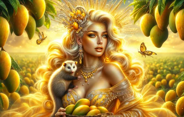 Girl, butterfly, harvest, fruit, mango, possum, animal, The golden halo