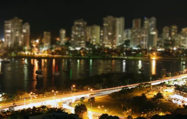 Road, night, the city, lights, river, tilt shift, main beach