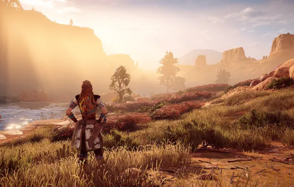 Picture the sun, river, rocks, exclusive, Playstation 4, Guerrilla Games, Horizon Zero Dawn, Eloy