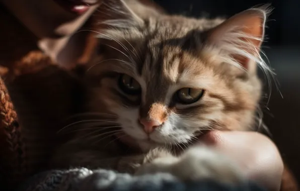 Cat, cat, look, girl, light, hand, portrait, art