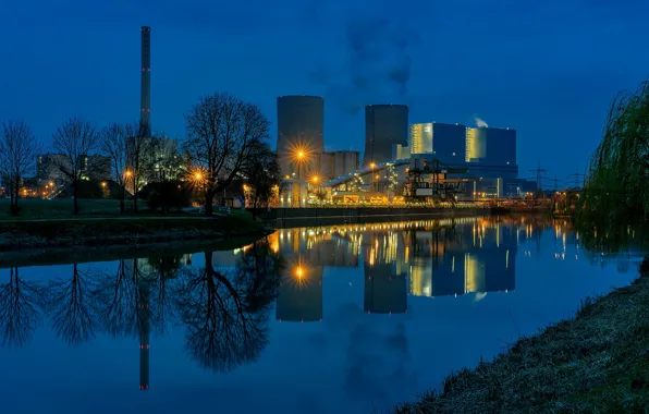 Night, lights, Germany, channel, Hamm, nuclear power station